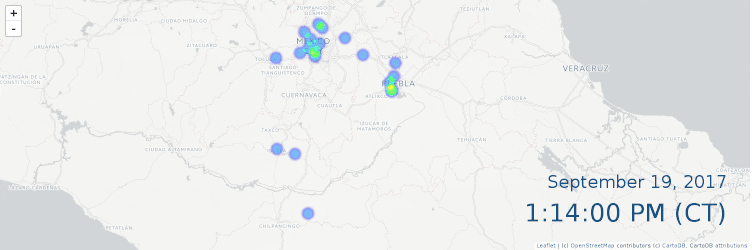 um mapa de timelapse que vai de um minuto antes a um minuto depois do terremoto